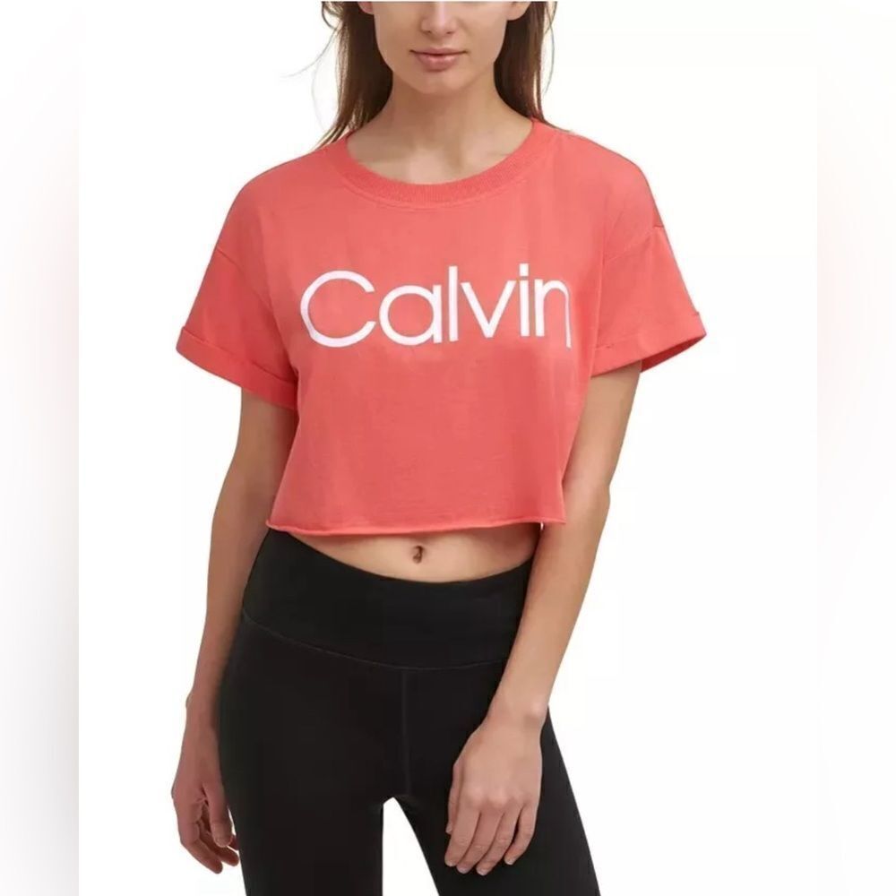 Calvin Klein Womens Pink Performance Cropped Raw Hem Logo T-Shirt Size XL